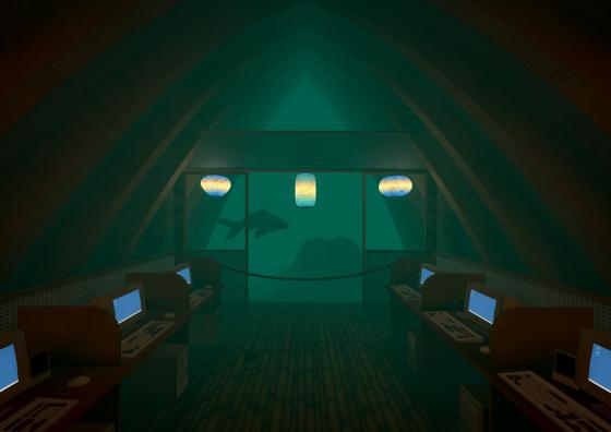 Computergenerierter Innenraum mit Computertischen und Bildschirmen. Durch ein großes Fenster ist ein Hai unter Wasser zu sehen.