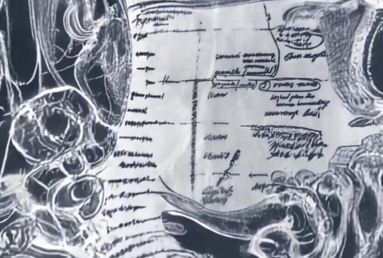 Black-and-white collage-like image combining anatomical drawings and notes. On the left, large shadowy organic forms appear; on the right, handwritten markings, lines, and labels overlap like on a scientific sheet. The frame reads like a video still from archival or instructional material.