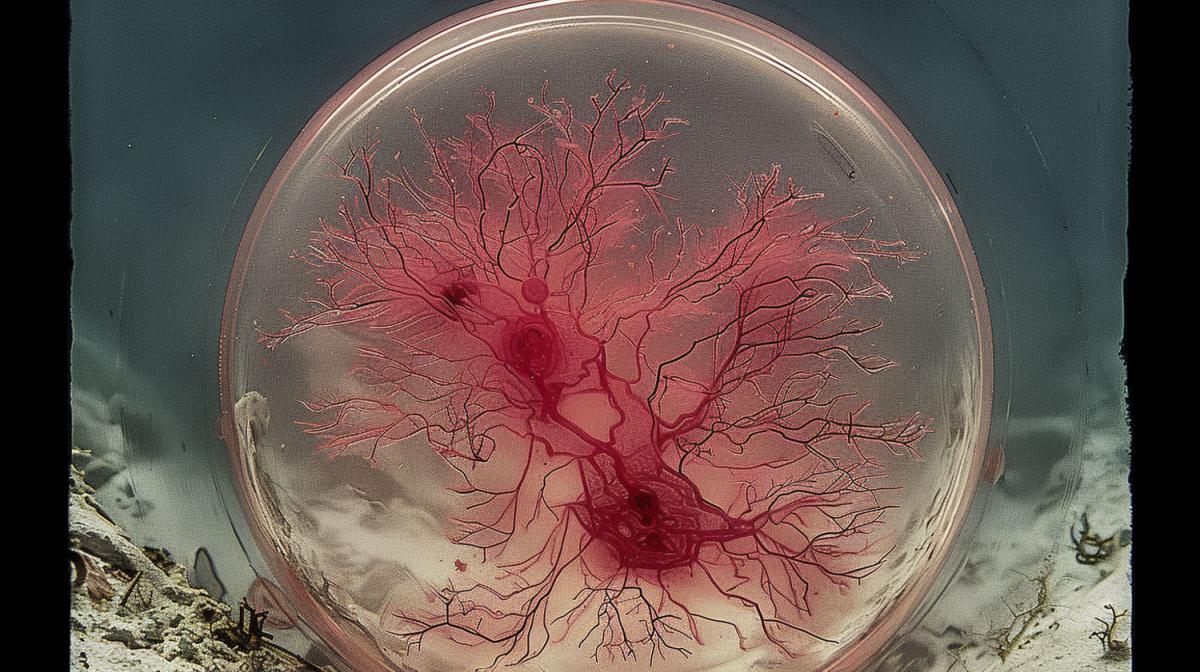 A large, round, transparent sphere or glass container occupies the center of the image. Inside, a finely branched, network-like structure is visible, reminiscent of roots, blood vessels, or neural connections. The background appears landscape-like, with hints of sky and ground, creating a poetic intersection of scientific imagery and nature.