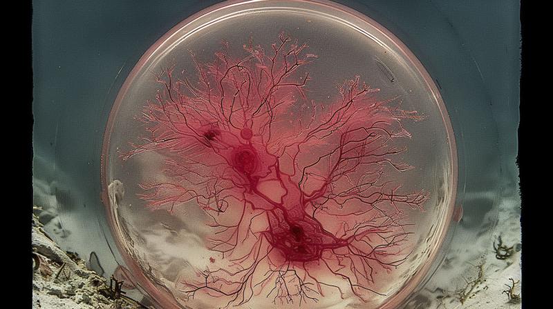 A large, round, transparent sphere or glass container occupies the center of the image. Inside, a finely branched, network-like structure is visible, reminiscent of roots, blood vessels, or neural connections. The background appears landscape-like, with hints of sky and ground, creating a poetic intersection of scientific imagery and nature.