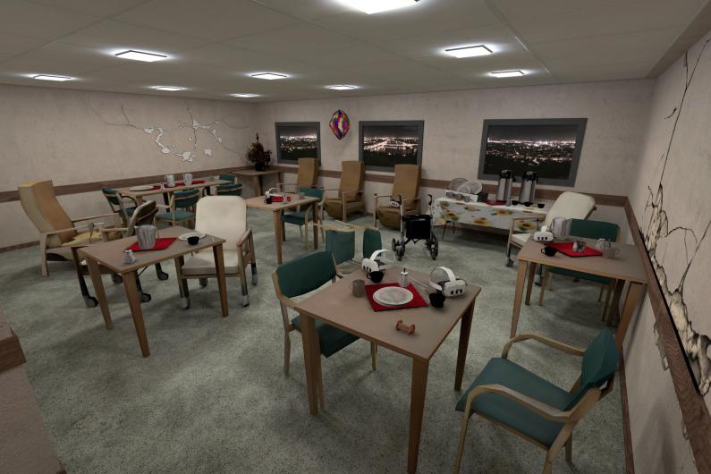 An empty lounge resembles a dining room in a care home. Several small tables with plates, cups and red placemats stand between armchairs and chairs, and VR headsets rest on some of the tables. In the background, thermos flasks stand on a buffet table, a walking frame is positioned in the centre of the room, and cracks in the walls and night-time city views in the windows add an unsettling atmosphere.