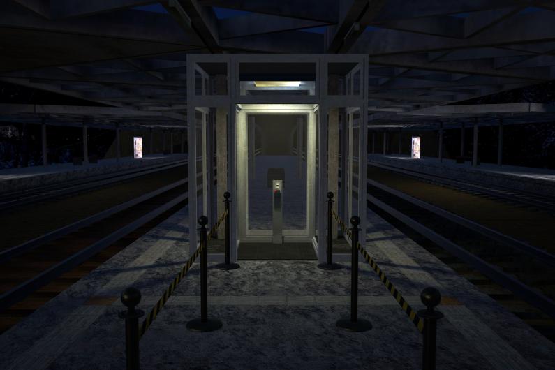 On a station platform at night, a lit glass cabin stands centrally, framed by stanchions and black-and-yellow barrier tape. Railway tracks run into the darkness on both sides beneath a large roof of geometric structures. The light is concentrated on the cabin, leaving the rest of the station cool and empty. The scene feels like a silent, futuristic place of transit.