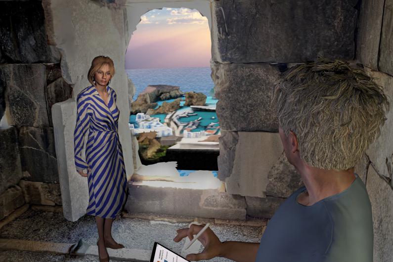 Durch eine grob ausgebrochene Öffnung in einer Steinwand sieht man auf eine Küstenlandschaft mit Meer, Felsen und hellen Gebäuden in der Ferne. Im Vordergrund steht links eine weiblich gelesene Figur in einem blau-weiss gestreiften Kleid, rechts sieht man eine zweite Figur von hinten, die ein Tablet oder digitales Gerät in der Hand hält. Der Raum wirkt wie eine Ruine, während draussen eine fast künstlich schöne Aussicht erscheint. Die Szene verbindet Verfall, Beobachtung und virtuelle oder inszenierte Landschaft.