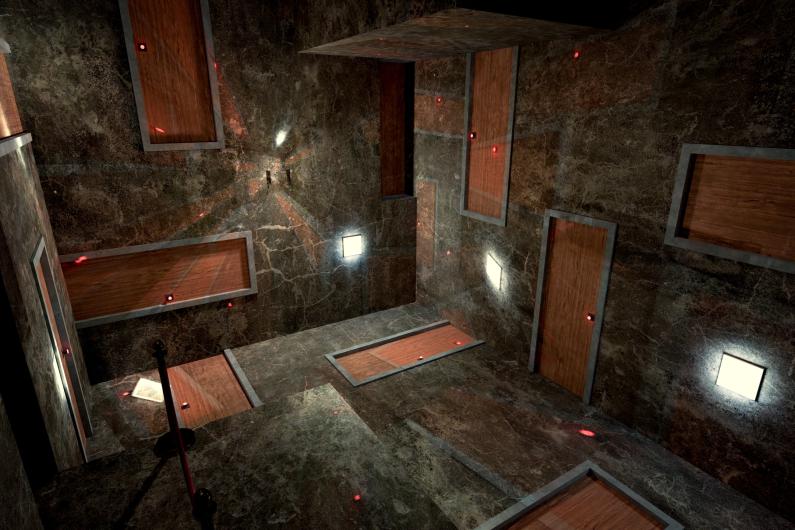 A dark, stone-like room is filled with doors set into the walls, floor and ceiling at different angles. Small red lights and bright square lamps intensify the impression of a labyrinthine, unstable system. The surfaces appear marbled and heavy, while the perspective makes the whole room feel tilted. The image resembles a surreal puzzle or an architectural dead end.