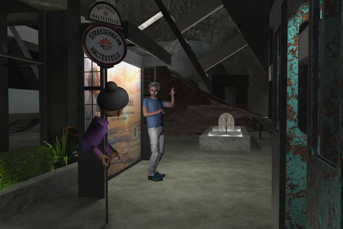 In a hall that feels underground, a stop is marked by the signs “AUTOBUS HALTESTELLE” and “STRASSENBAHN HALTESTELLE”. Beside it, a human figure leans casually against an illuminated advertising panel, while on the left a stylised purple figure protrudes from the shelter. In the background there is a staircase, a small pool or fountain, and heavy architectural elements. The scene feels like a strange, dreamlike mixture of public transport and an artificial underworld.