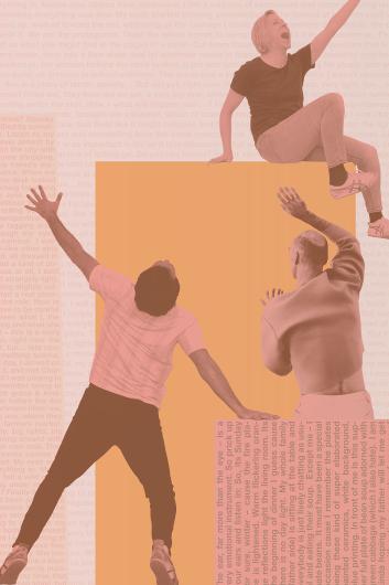A graphic, collage-like scene featuring three people in motion. One person sits on the top right edge of a large orange shape, raising one arm upward with their mouth open, as if calling out or singing. Two other people stand below, left and right, with arms extended as if responding. The background is tinted pink and overlaid with dense, barely readable text. The figures appear cut out and layered onto the surface, creating a dynamic, performative atmosphere.