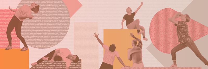 A collage-like composition shows multiple people in different dance and movement poses spread across the entire image. Bodies appear rotated, tilted, or seemingly suspended, with outstretched arms, bent legs, and open, dynamic postures. The figures are arranged against graphic fields in shades of orange and pink, densely overlaid with text. Text, colour, and bodies interweave into a layered visual landscape that foregrounds movement, fragmentation, and simultaneity.