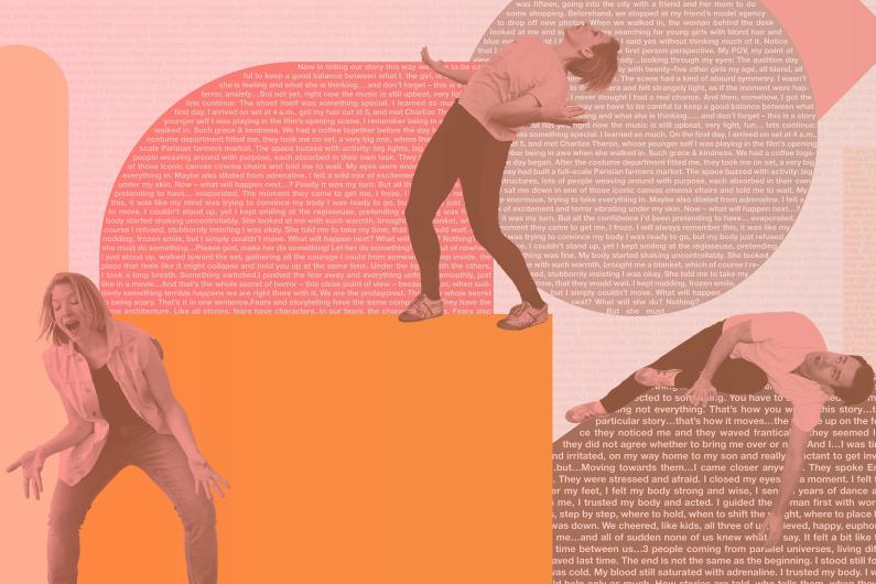 Several people are arranged across the image in different dynamic poses: one figure appears to be jumping or falling diagonally through space, another sits elevated with an arm stretched out, while another bends forward as if losing balance. The bodies seem frozen in moments of movement, tension, and reaction. The background combines large orange areas, rose-colored shapes, and layered text fragments, creating a dense, narrative visual landscape.