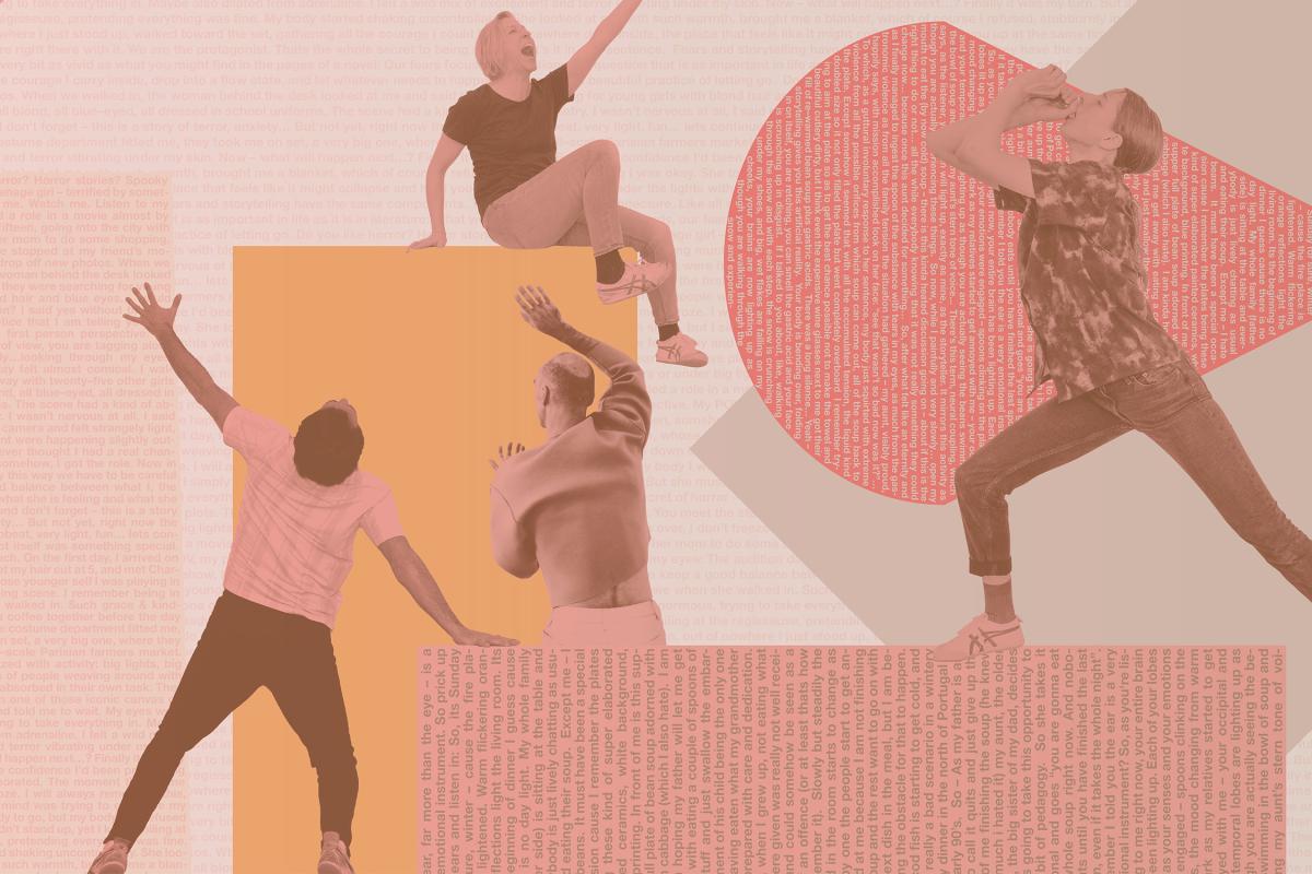 Four people are distributed across the image in different suspended movement poses. In the upper left, one figure stretches a leg far backward with the upper body leaning forward. To the right, another person is shown sideways with hands close to the face, as if calling out or breathing. In the lower left, a person leans backward with the head tilted back and arms open. In the lower right, another figure moves diagonally out of the frame with arms widely extended. All figures wear everyday clothing. The background consists of large orange areas, rose-colored geometric shapes, and layered text fragments, creating a fragmented, narrative visual composition.