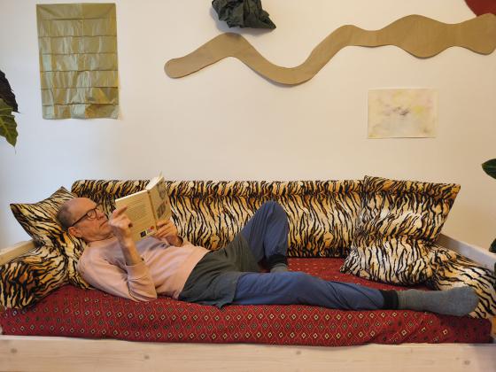 Eine älter werdende Person mit heller Haut liegt quer auf einem breiten Sofa mit Tigerfell-Muster und roter gemusterter Unterlage. Die Person trägt ein rosa Sweatshirt, blaue Hosen und graue Socken und hält ein aufgeschlagenes Buch vor sich, konzentriert lesend. Hinter dem Sofa hängt abstrakte Wanddekoration in Gold- und Beigetönen.
