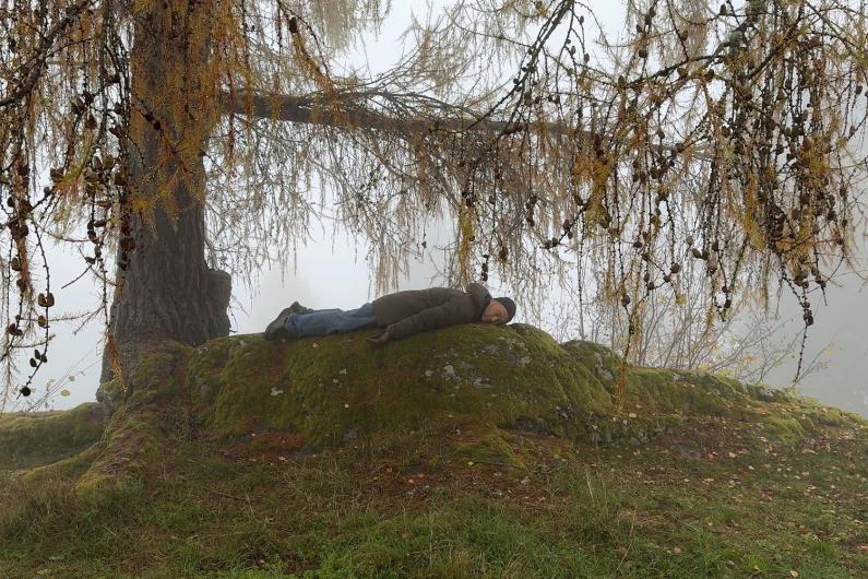A person lies on a moss-covered rock under a tree, surrounded by mist and autumn foliage. The scene appears calm and melancholic.