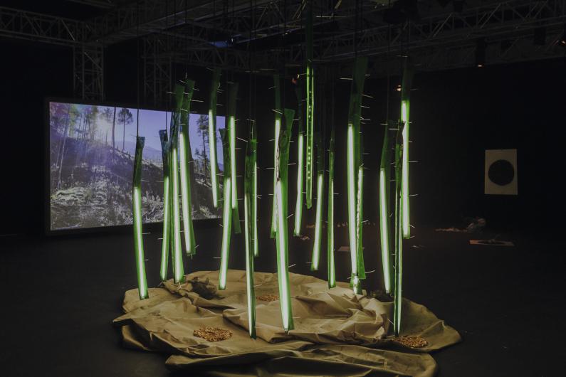 View from the audience onto the hanging green light tubes above a paper-covered floor, with a forest projection playing in the background and a person lying near the edge of the stage.