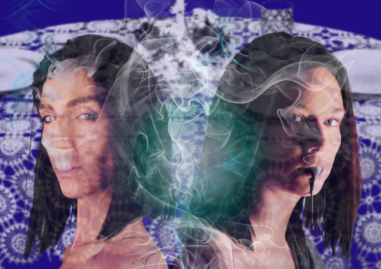 Two layered portraits against a blue patterned background, crossed by translucent smoke and thin turquoise lines.