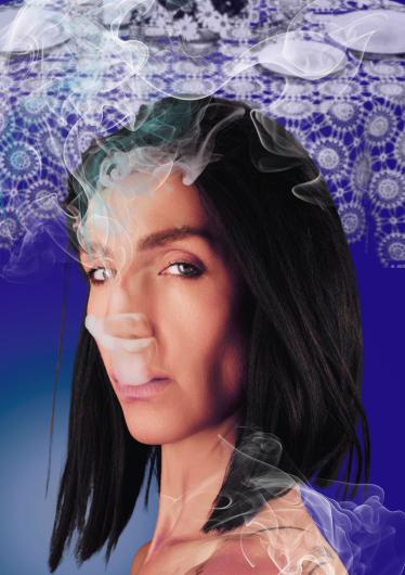 A portrait of a person with shoulder-length dark hair against a blue-violet background. Swirls of smoke surround the face, with a lace-like ornamental pattern visible in the background.