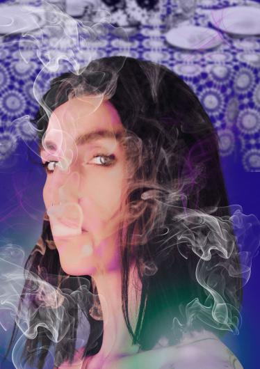 A portrait of a person with dark hair surrounded by translucent, multicolored smoke. The background features an ornamental lace pattern in shades of blue and violet.