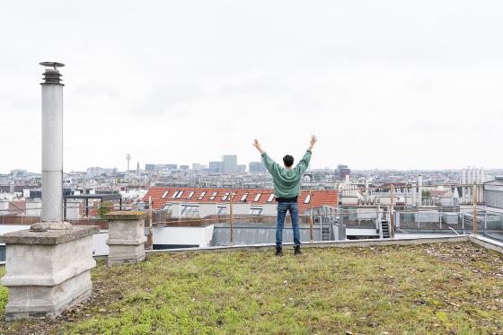 A person stands on a green rooftop above Vienna, arms raised, overlooking the cityscape with buildings and the Danube Tower in the background.