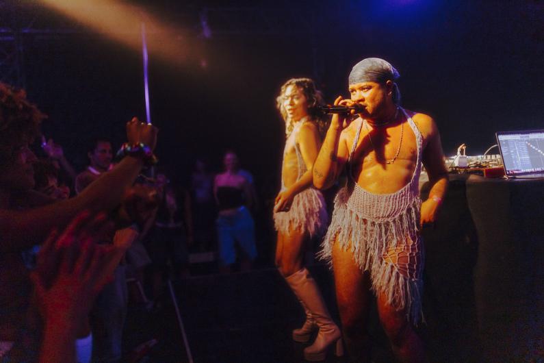 Performer*in steht in Pose auf der Bühne, während im Vordergrund Arme aus dem Publikum nach oben ragen. Die Szene ist von warmem und violettem Licht durchzogen.