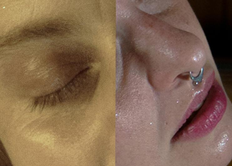 Nahaufnahme von zwei Gesichtern nebeneinander. Links ein geschlossenes Auge, rechts eine Nase mit Nasenring und halb geöffnete Lippen.
