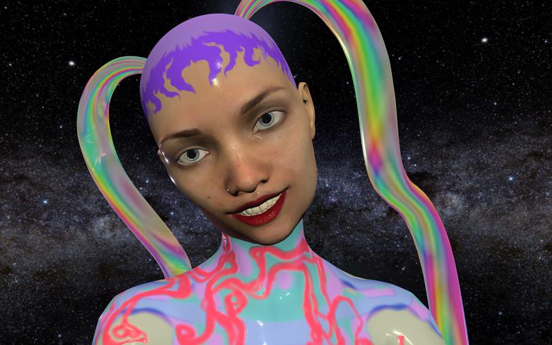 Eine futuristische, digital erstellte Figur mit leuchtender Haut und surrealen Merkmalen steht vor einem sternenübersäten Weltraumhintergrund. Die Figur hat eine glänzende Glatze mit violetten flammenähnlichen Mustern, regenbogenfarbene durchsichtige Zöpfe und trägt einen Anzug mit wirbelnden Neonmustern. Sie lächelt leicht, mit ausdrucksstarken Augen und rotem Lippenstift.