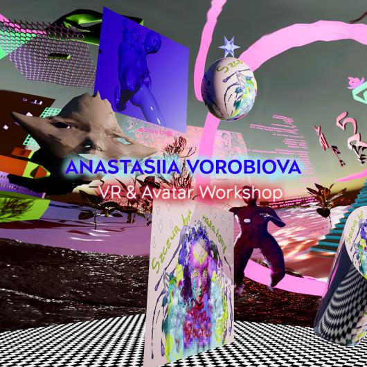 Ein digitales Poster für den „Anastasiia Vorobiova VR & Avatar Workshop“, das eine surreale virtuelle Umgebung mit schwebenden Formen, 3D-Skulpturen und futuristischen Elementen zeigt. Der auffällige blaue und pinke Text hebt sich von dem anderenweltlichen Hintergrund ab, der einen karierten Boden, leuchtende Kugeln und verzerrte Landschaften umfasst.