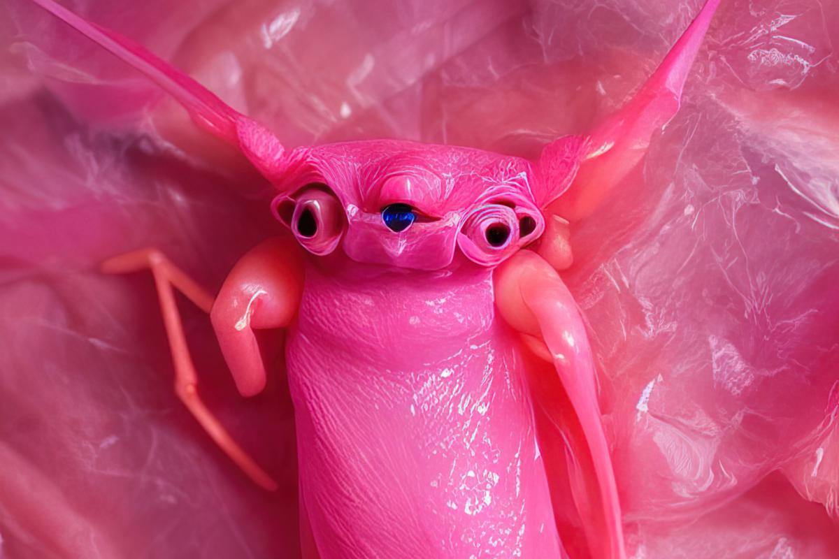 A pink, insect-like creature with large round eyes and thin limbs lies on a textured pink fabric. The creature has a shiny, almost translucent skin. The background consists of soft, gathered material.