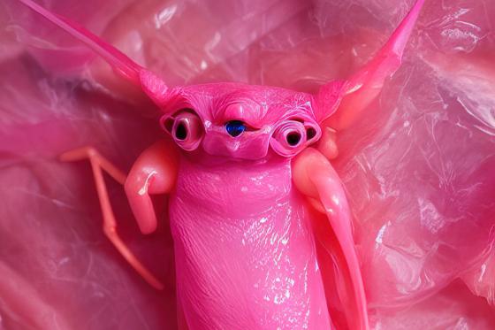 A pink, insect-like creature with large round eyes and thin limbs lies on a textured pink fabric. The creature has a shiny, almost translucent skin. The background consists of soft, gathered material.
