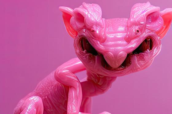 Ein surreal anmutendes, pinkfarbenes Wesen mit mehreren Beinen sitzt vor einem rosa Hintergrund. Die Haut der Kreatur wirkt glänzend und organisch, mit komplexen, fast außerirdischen Formen