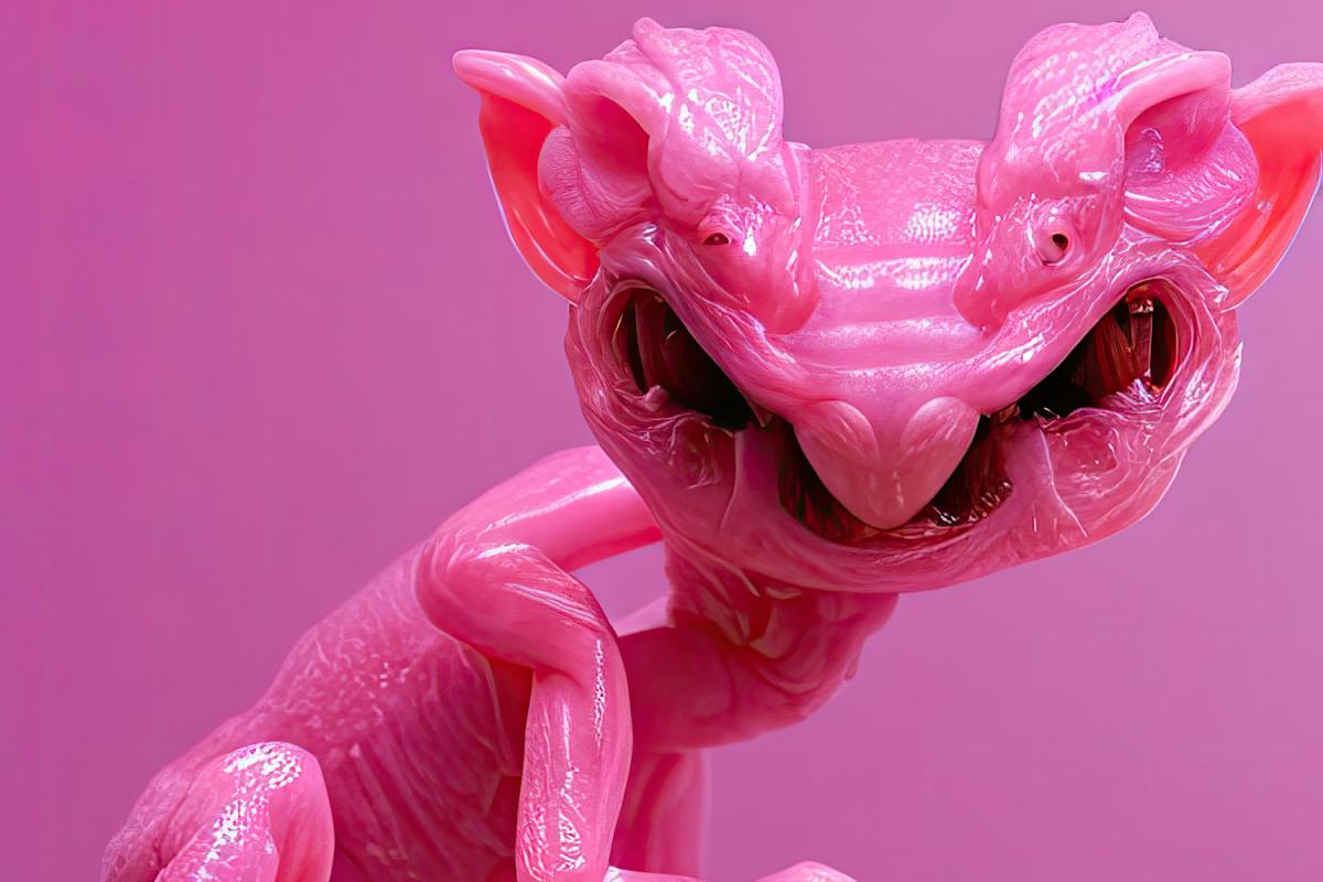A surreal-looking pink creature with multiple legs sits against a pink background. Its skin appears glossy and organic, featuring complex, almost alien-like shapes. 
