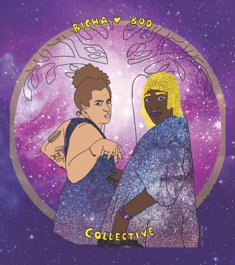 A digital illustration of two people against a galactic background with a circular, abstract tree design. The figures wear sparkling, starry outfits. The text “Bicha Boo Collective” is written above and below them in a playful yellow font.