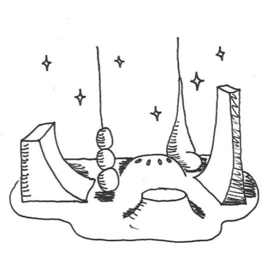 Eine schwarz-weiße Zeichnung zeigt eine abstrakte Landschaft mit geometrischen und organischen Formen. Es wirkt wie eine Halfpipe auf der Oberfläcge eines Kometen. Darüber schweben Sterne.