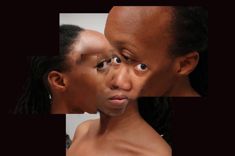 A portrait with a surreal effect, where multiple overlapping facial features create a distorted depiction of the person. The individual has dark hair and looks directly into the camera. The background is dark, emphasizing the face.