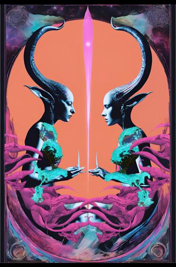 A digital artwork featuring two mirror-image, alien-like figures with curved horns. They each hold a small blade, and the background is in bold orange and purple tones.