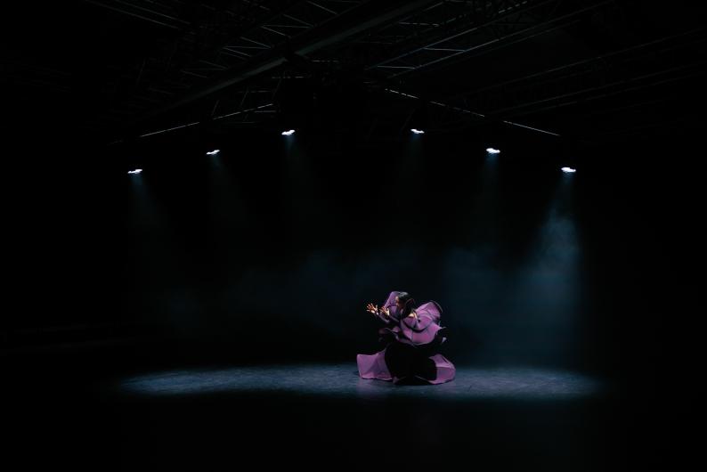 Solo dancer in the center of a spotlight on a dark stage, wearing a voluminous purple dress.