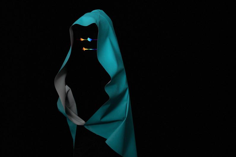 A veiled figure stands in front of a black background. Where her face should actually be visible, you can see the graphic representation of the amplitude of a voice recording in rainbow colours.