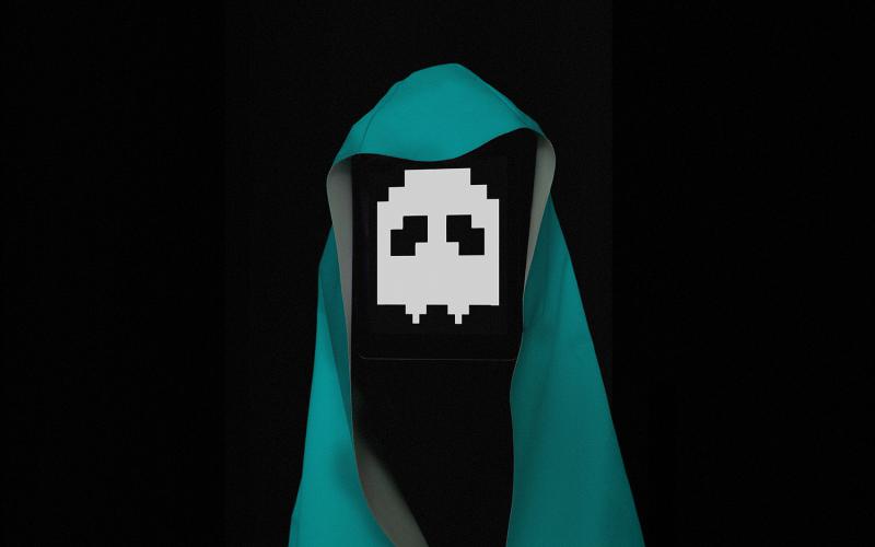A figure draped in a turquoise cloth has a screen in place of its face. On the screen, there is a pixelated white ghost icon resembling retro video game graphics, set against a black background.