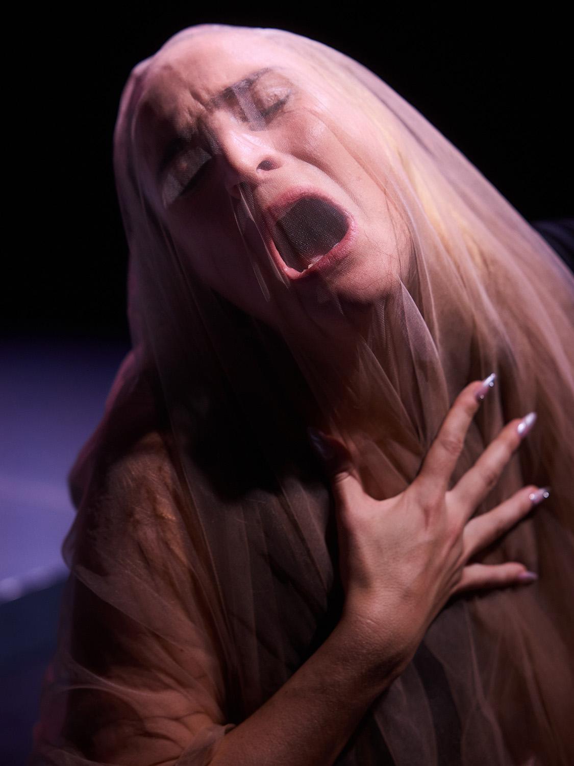 Eine Person unter einem dünnen, transparenten Stoff, mit weit geöffnetem Mund und einer Hand auf der Brust. Der Gesichtsausdruck zeigt Schmerz oder Verzweiflung. Der Stoff betont die Gesichtszüge und verstärkt den dramatischen Ausdruck.