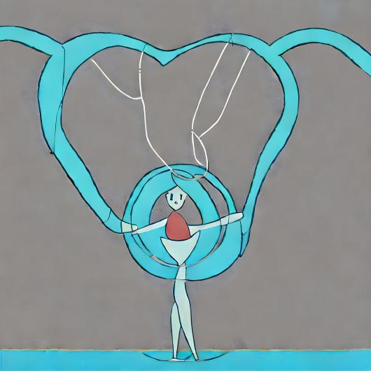A stylized digital artwork depicts a simplistic human figure with a white face and a red torso, surrounded by swirling blue lines forming loops and curves. The background is gray, contrasting with the bright blue shapes.