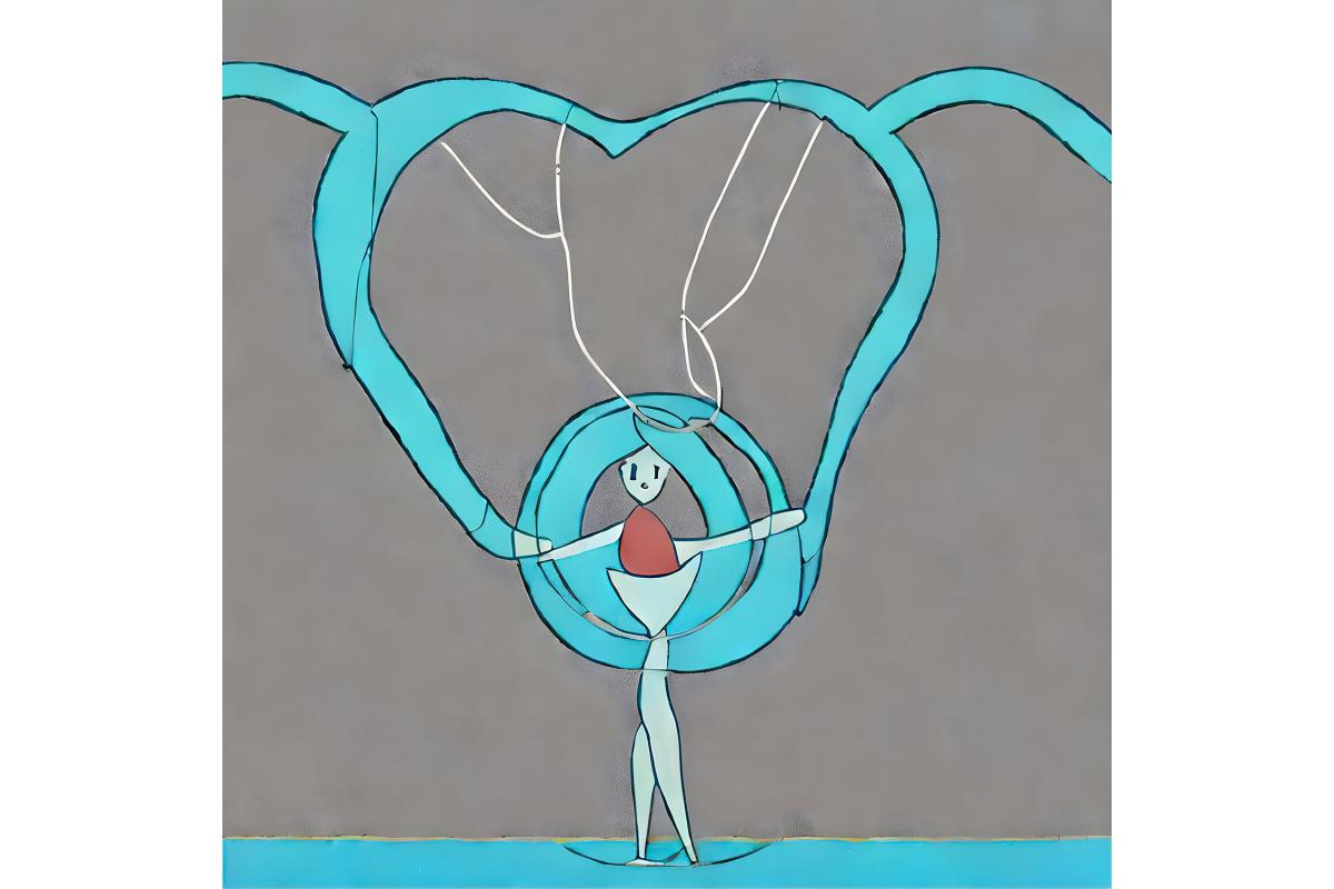 A stylized digital artwork depicts a simplistic human figure with a white face and a red torso, surrounded by swirling blue lines forming loops and curves. The background is gray, contrasting with the bright blue shapes.
