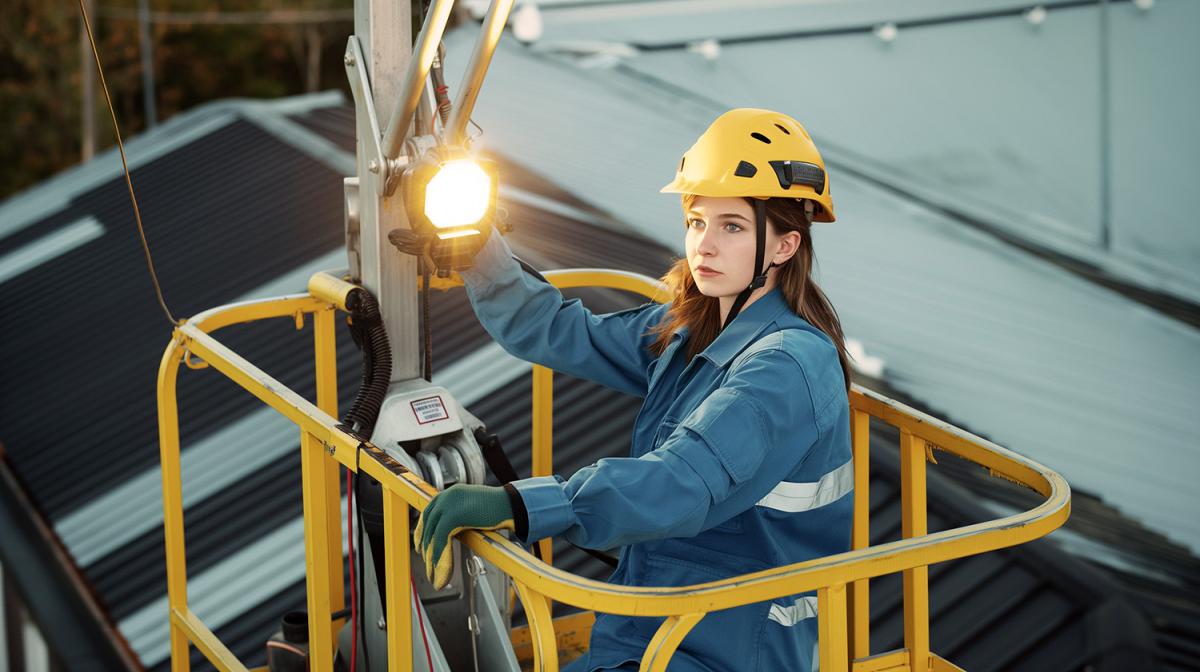 Eine Frau mit Bauhelm und Sicherheitsweste lächelt selbstbewusst, während sie ein Headset mit Mikrofon trägt. Sie steht auf einer aktiven Baustelle mit mehreren Kränen im Hintergrund unter einem hellen Himmel.
