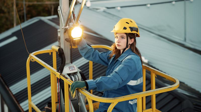 Eine Frau mit Bauhelm und Sicherheitsweste lächelt selbstbewusst, während sie ein Headset mit Mikrofon trägt. Sie steht auf einer aktiven Baustelle mit mehreren Kränen im Hintergrund unter einem hellen Himmel.