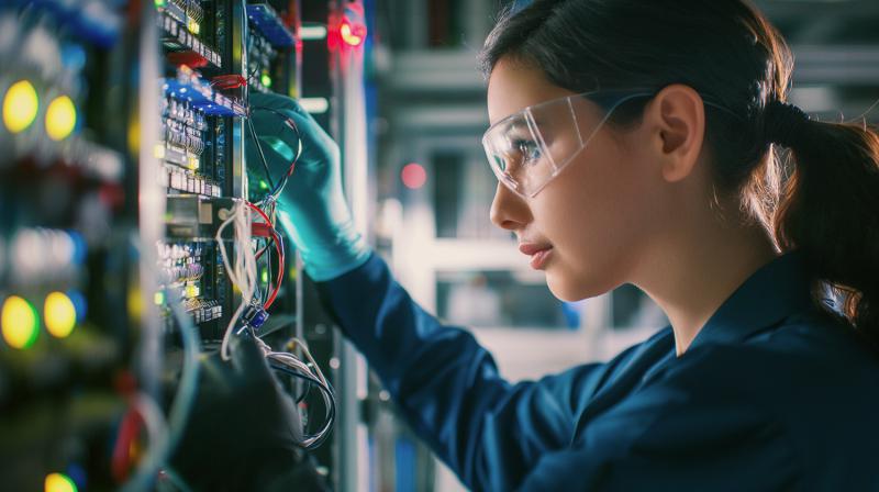 A female technician wearing safety goggles and gloves carefully connects wires inside a complex electronic system. The environment is filled with glowing indicator lights and circuit boards, suggesting a data center or high-tech lab.