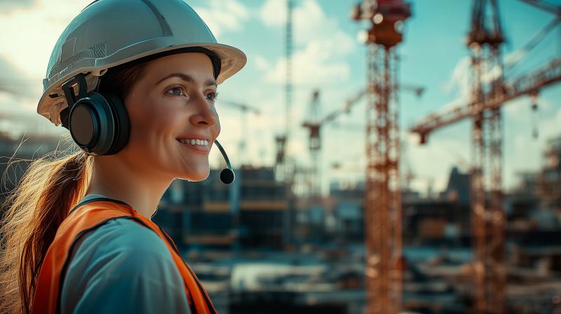 A young woman wearing a blue work uniform and a yellow helmet is positioned on an elevated platform, adjusting a bright work light. She appears to be working on electrical or construction maintenance in an industrial or urban setting.