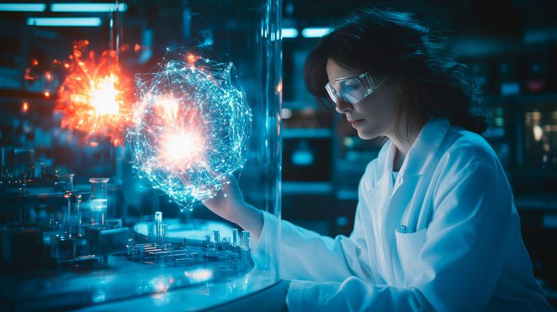 Eine Wissenschaftlerin in einem weißen Laborkittel und Schutzbrille untersucht ein leuchtendes holografisches Netzwerk aus verbundenen Punkten und Daten in einem futuristischen Labor. Das Labor ist in blaues und rotes Licht getaucht.
