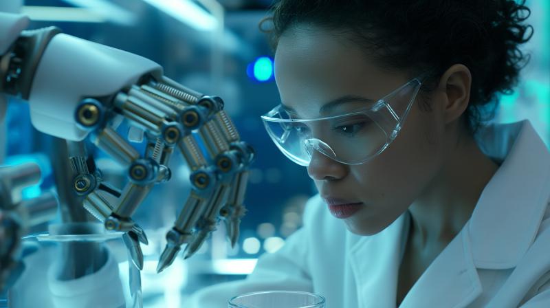 Eine junge Wissenschaftlerin mit Schutzbrille und weißem Laborkittel beobachtet aufmerksam eine Roboterhand, die sich einem Glasbehälter in einem Hightech-Labor nähert. Die Umgebung ist in blaues Licht getaucht.