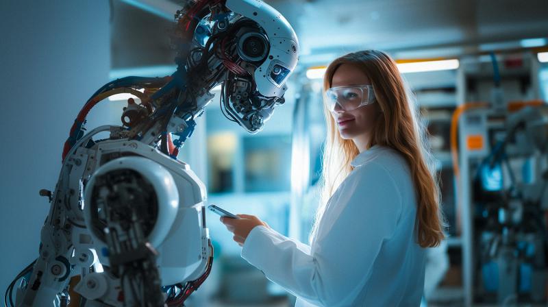 A female scientist in a laboratory coat and protective eyewear stands confidently while interacting with a humanoid robot. The robotic figure is detailed with visible wiring and advanced mechanisms, suggesting AI or robotics research.