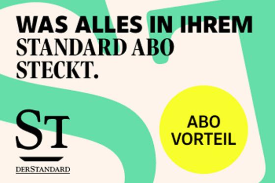 Graphic advertisement with a large turquoise abstract background. Black text reads: “Was alles in Ihrem STANDARD Abo steckt.” On the right is a yellow circle with the text “Abo Vorteil.” At the bottom left, the “Der Standard” logo with the letters “ST” is shown.